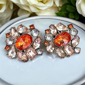 Catherine Stein Designer Earrings Gold Tone Orange Crystal Accents Clip On 12R